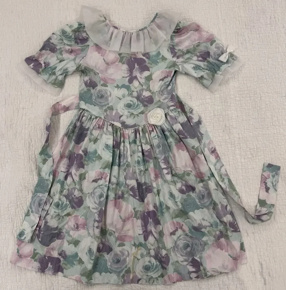 Vintage Girls Floral Fit & Flare Dress Ruffle Bow Waist Short Sleeve Knee Length